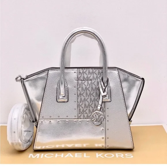 Michael Kors Avril Small Metallic Studded Patchwork Satchel Crossbody Silver